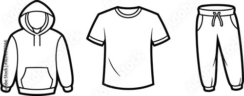 men's casual and comfortable clothing outlines, including a hoodie, a t-shirt, and sweatpants, perfect for streetwear and athletic design templates, for Adobe Stock.