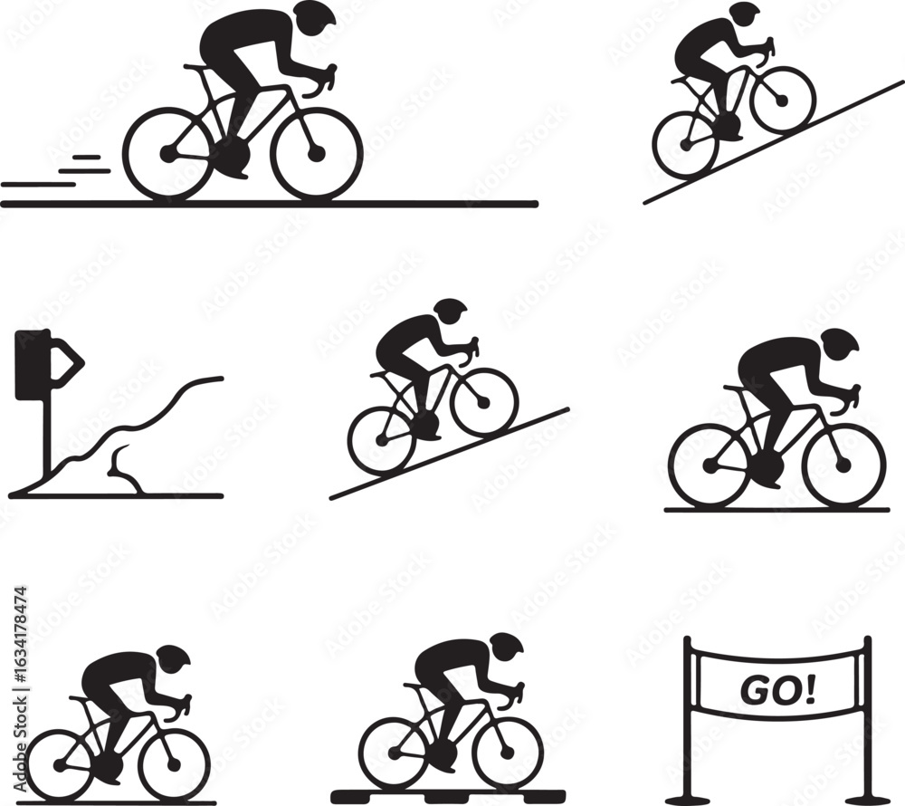 Obraz premium Road Cycling Activity Icons Rider in Motion, Uphill Climb, Downhill Speed, Hand Signal, Rest Stop, Route Marker, and Race Start