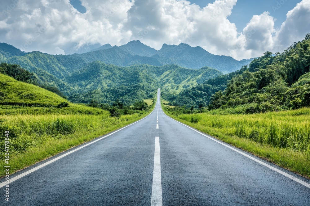 Naklejka premium Asphalt Road Leading Through Lush Green Hills and Mountains under a Cloudy Blue Sky Landscape
