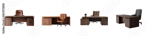 Four executive office desks with matching chairs showcasing wood grain and leather finishes