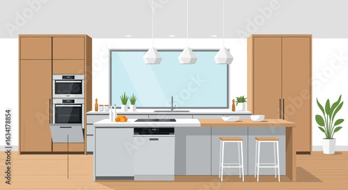 Modern Kitchen Interior Design With Island And Cooking Appliances