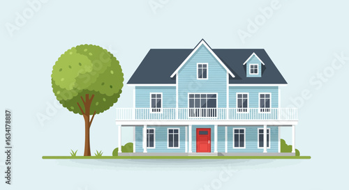 Stylized Home With Blue Siding And A Round Tree Illustration