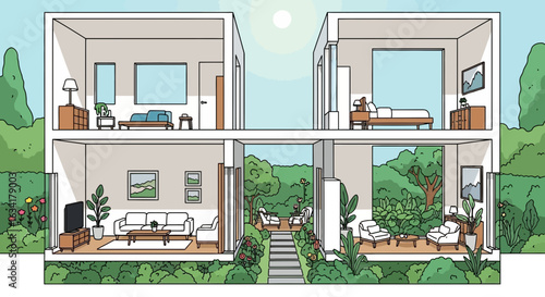 Illustrated Cross Section Of A Modern Two Story Houses Design