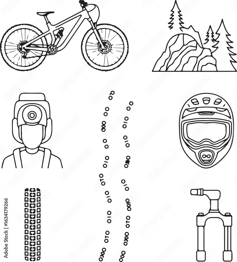 Naklejka premium Mountain Biking Icons Trail Bike, Rocky Path, Forest Terrain, Rider with Backpack, Helmet with GoPro, Tire Tracks, and Suspension Fork