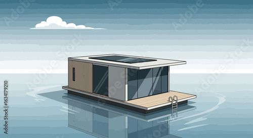 Modern Floating House With Solar Panels On Serene Water Scenery