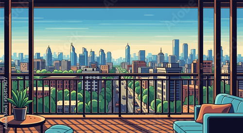 Panoramic City View From Balcony During Daytime Cartoon Style