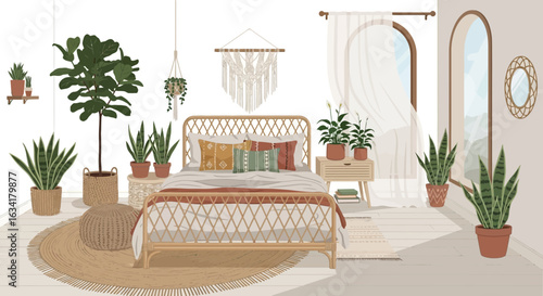 Cozy Bedroom With Plants And Rattan Furniture In Boho Style