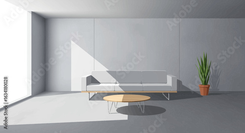Bright Minimalist Interior With Modern Sofa And Houseplant