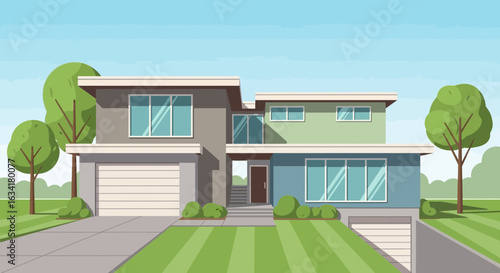 Modern Suburban Home With Green Lawn And Blue Sky Cartoon Style