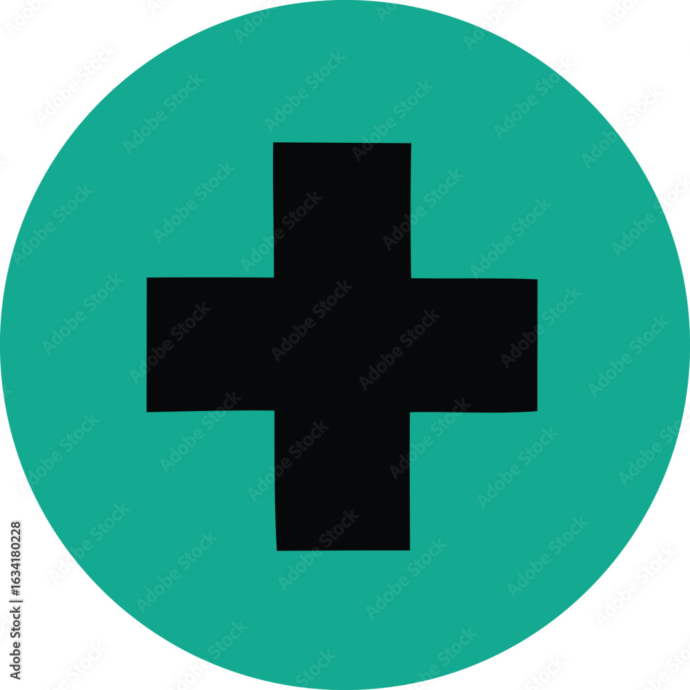 Fototapeta premium Simple black plus sign centered within a vibrant teal circle with subtle gradient and outward focus points