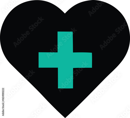 A stylized black heart with a vibrant teal plus sign at its center symbolizing health care and well being