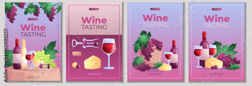 A set of design templates for wine tasting. Wine glass, bottle, grapes, corkscrew, cheese. The concept of a winery, restaurant. Isolated vector illustration of A4 format for posters, banners, posters.