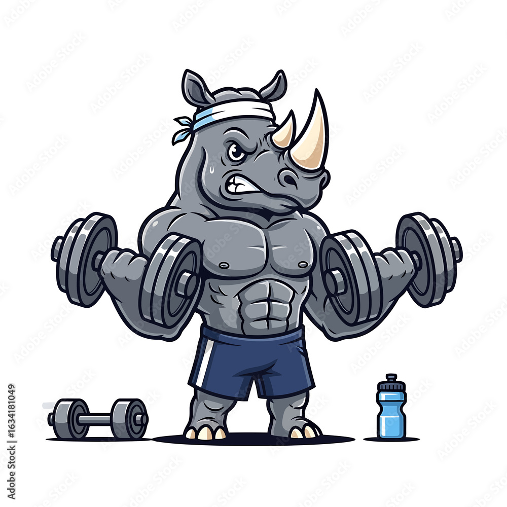 Fototapeta premium Muscular Rhino Lifting Weights Illustration