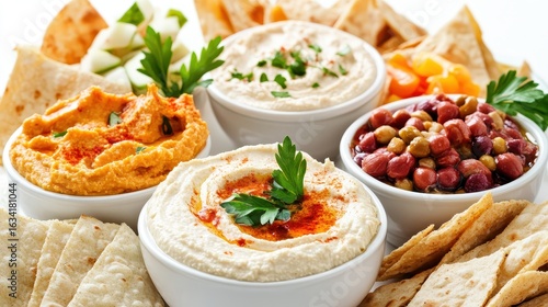 Delicious Assortment of Dips with Pita Bread and Fresh Vegetables