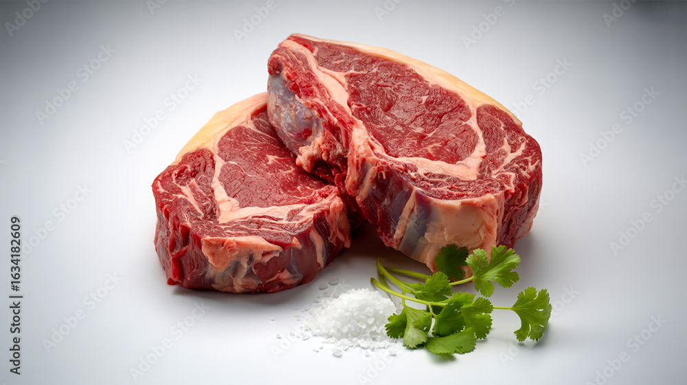 Fototapeta premium A high-quality product photograph of two raw beef steaks on a pure white background. 