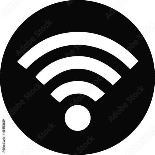 A stark black circle encloses a white wi fi signal icon representing wireless internet connectivity and digital communication
