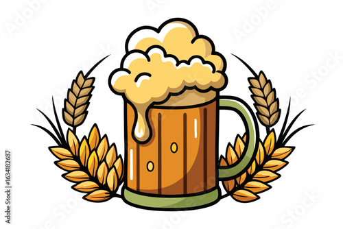 Illustration of a wooden beer mug with foam and wheat isolated on white background
