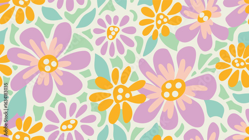 Wallpaper Mural Floral pattern with lavender and orange flowers and green leaves on a light background repeat design Torontodigital.ca