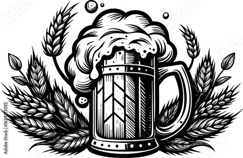 Illustration of a beer mug with wheat ears isolated on white background, perfect for brewery logo