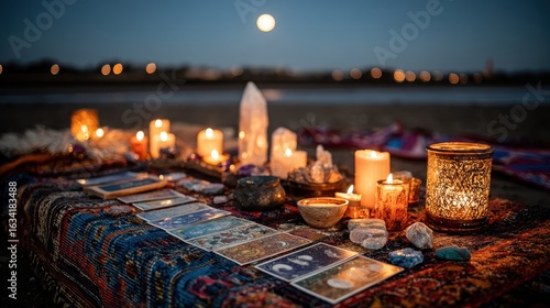 Mystical night scene on beach with tarot cards, candles, crystals, and full moon.