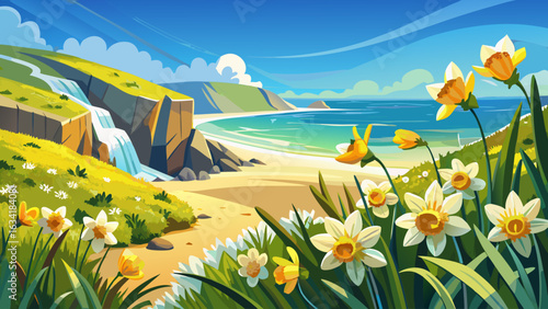 very Beautiful, Daffodils at Beer beach in Devon in spring sunshine