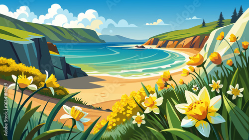 very Beautiful, Daffodils at Beer beach in Devon in spring sunshine