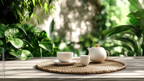 Tranquil tea set on wooden table amidst lush greenery