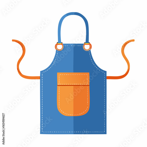 Blue denim bib apron with orange pocket and straps for cooking or work