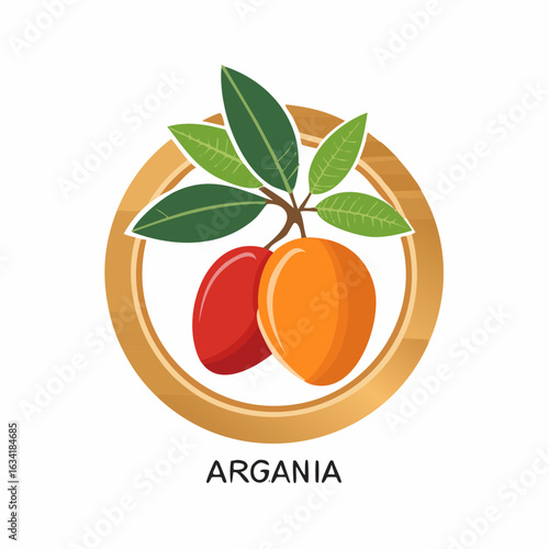 Argania Plant Icon Illustration with Fruits and Green Leaves inside Gold Ring