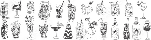 big drinks summer set in hand drawn style in vector. Elements for design advertisement stickers posts poster print postcard banner menu decor backgrounds