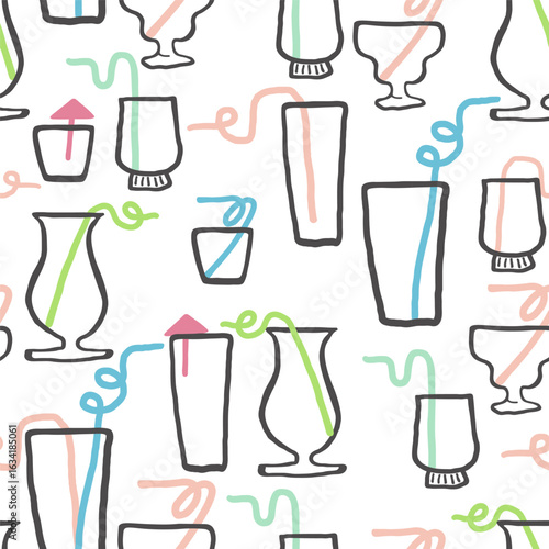 seamless pattern with cocktails glasses and straws in hand drawn style. Element for background, wallpaper, banner, backdrop, decoration, wrapping, packaging, prints, textile