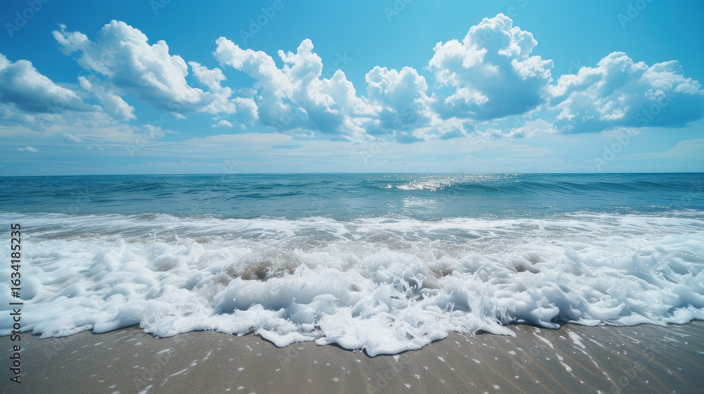 Fototapeta premium Waves crashing on the shore with a clear blue sky dotted with fluffy white clouds on a bright sunny day.