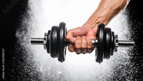 A strong man's hand gripping a heavy dumbbell with a chalk powder explosion.