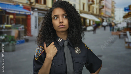 Fotografie Hispanic policewoman standing confidently on a busy city street wearing a unifor