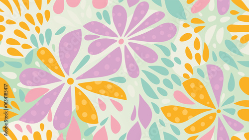 Floral pattern with pastel colors featuring pink purple yellow and teal flower shapes and teardrop elements