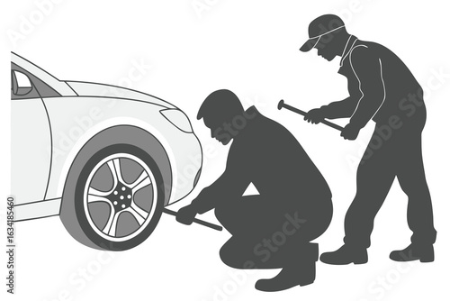 Two men changing a car tire with tools wheel