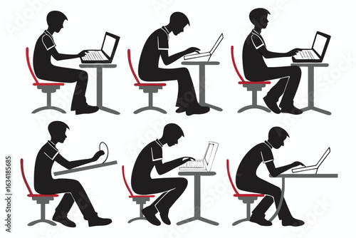 Six silhouettes of men working on laptops at desks vector illustration