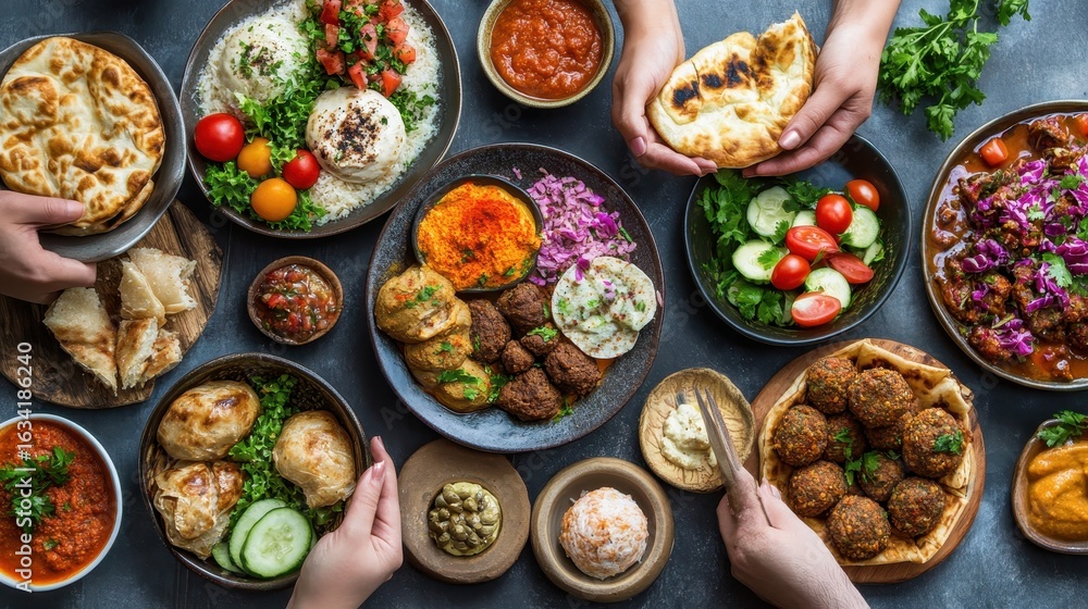 Fototapeta premium Colorful Variety of Delicious Dishes on Table with Hands Reaching