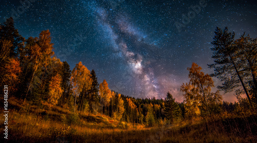 Majestic night sky with the Milky Way over a colorful forest landscape