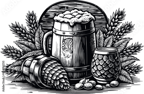 Vintage illustration of beer mug, hops, wheat, and barrel isolated on white background