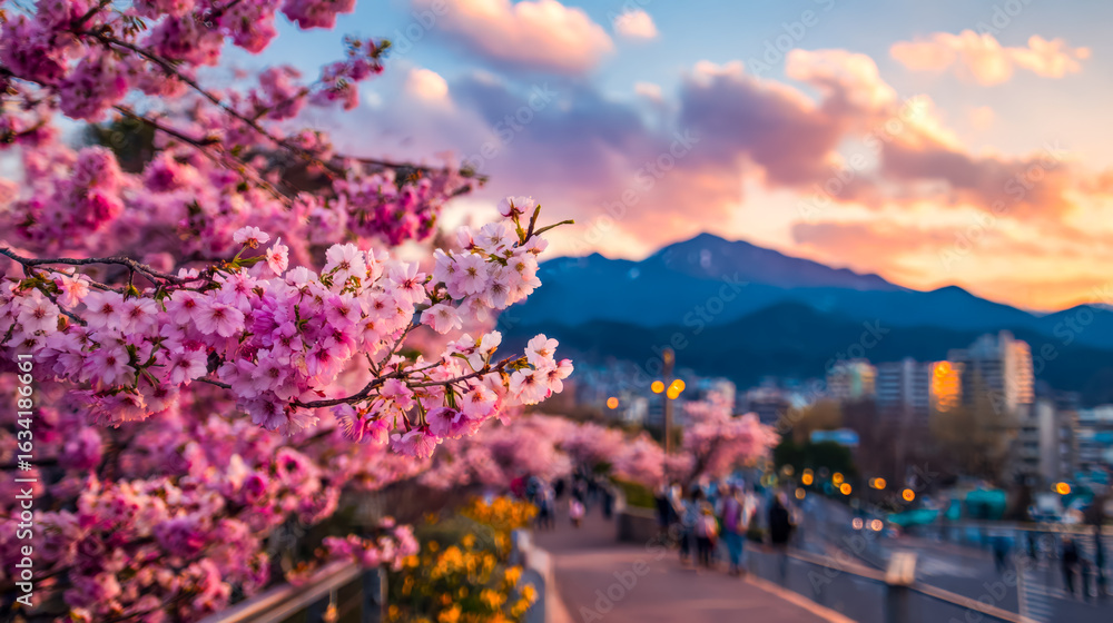 Obraz premium Blooming cherry blossoms along a scenic city promenade at sunset with mountain backdrop
