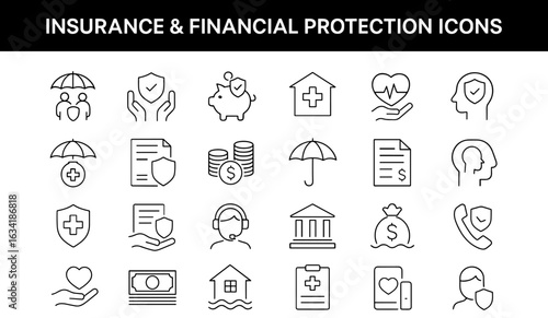 Insurance and Financial Protection Line Icons – Health, Life, Home, Car, Security, and Risk Coverage Symbols
