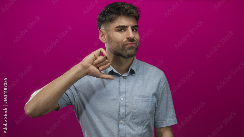 Obraz premium Young hispanic man shows clear expressive thumbs down gesture with hand raised in studio; rejection.