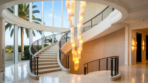 A luxurious two-story modern mansion interior with a grand spiral staircase illuminated by cascading cylindrical chandeliers. 
