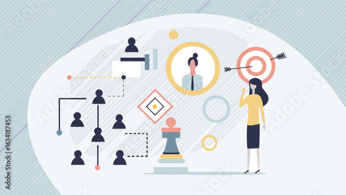 Illustration of a woman standing near a target and an organizational chart with a chess piece