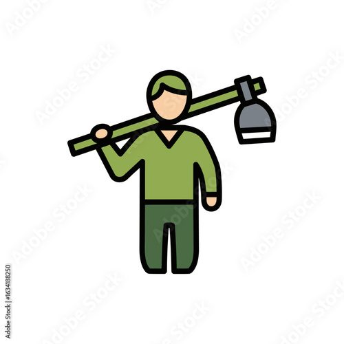 A symbol of honest labor: a person with a hoe over their shoulder, prepared to till the earth and cultivate growth.