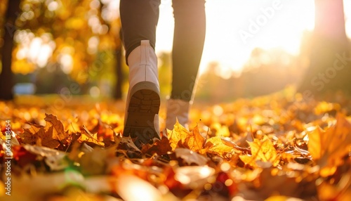 Woman Walking Through Autumn Leaves