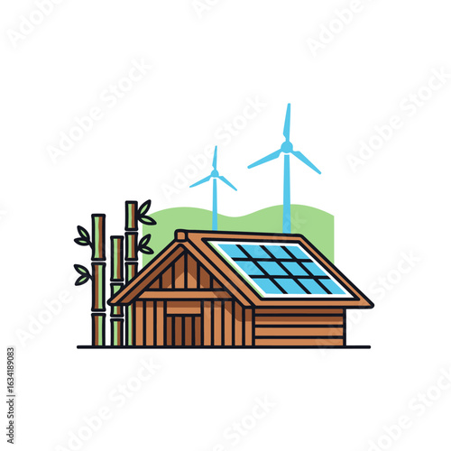 This sustainable home harnesses the power of the sun and wind, showcasing a harmonious blend of nature and technology.