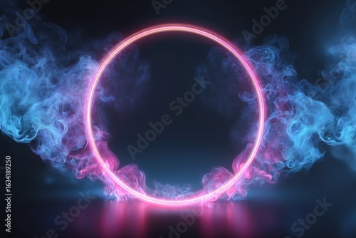 Wallpaper Mural Circle neon blue and pink gradient frame with smoke clouds. Realistic vector illustration of magic fantasy game portal with bright light ring. 3d round glow led circular border. Torontodigital.ca