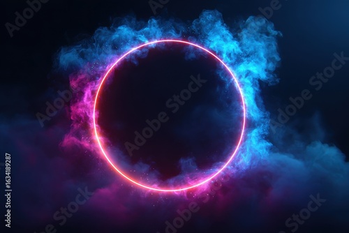 Circle neon blue and pink gradient frame with smoke clouds. Realistic vector illustration of magic fantasy game portal with bright light ring. 3d round glow led circular border.